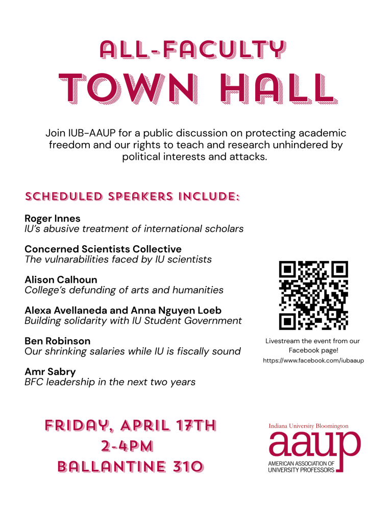 Flyer for Spring Town Hall. Includes QR code and information about slate of speakers.